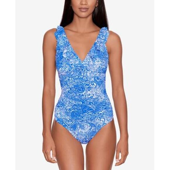 Ralph Lauren ARTISANAL WOODBLOCK Ruffled Tummy-Control Swimsuit US 6 - Picture 1 of 10